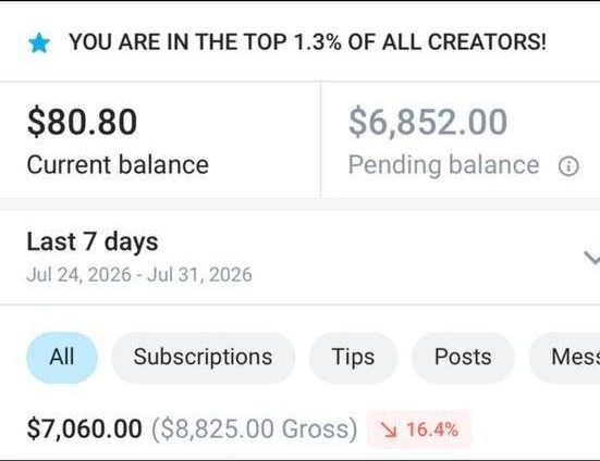 OnlyFans balance: top 1.3% of creators, $8,825 gross over 7 days