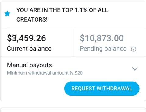OnlyFans dashboard: top 1.1% of all creators, $10,873 pending balance