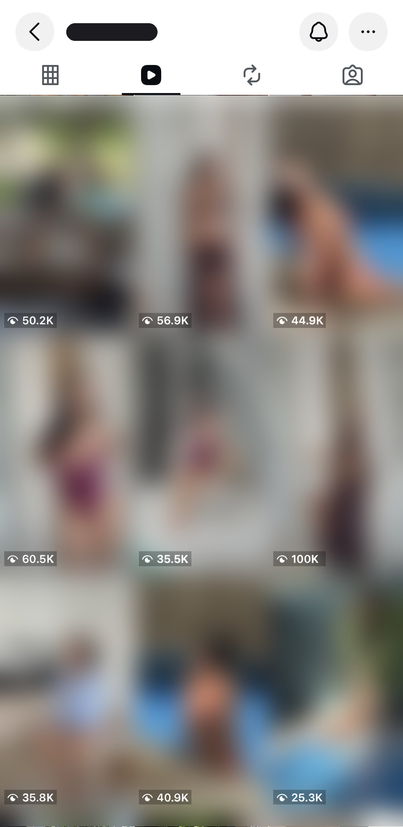 Instagram reels grid with 25K to 100K views per reel, identity hidden