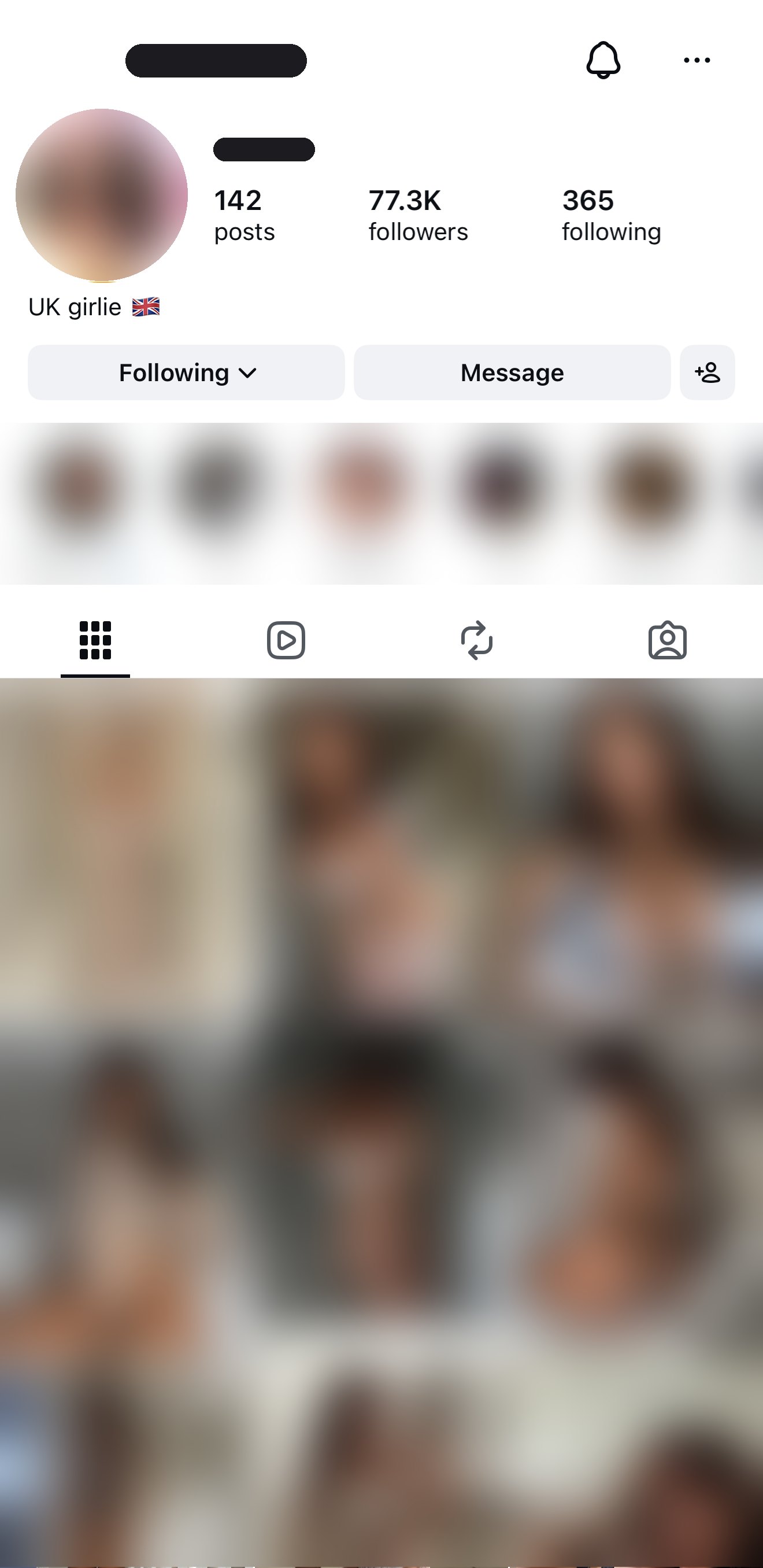 Instagram profile with 77.3K followers, identity hidden